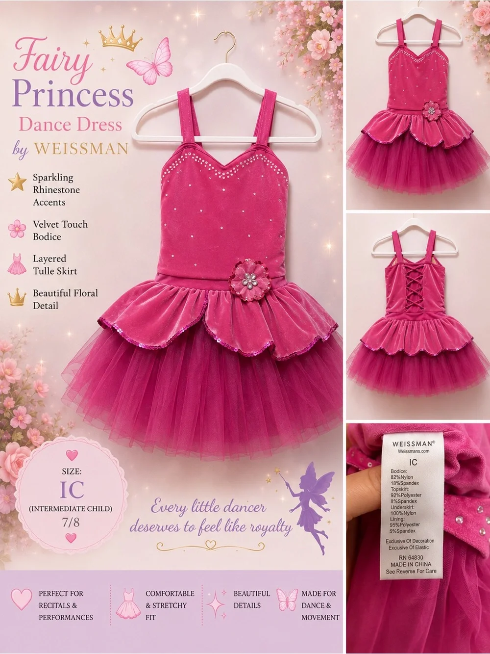 Weissman Girls Velvet-Touch Fairy Princess Dance Dress - Fuchsia